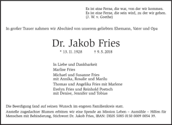 Traueranzeige von Jakob Fries von Trauerportal Rhein Main Presse