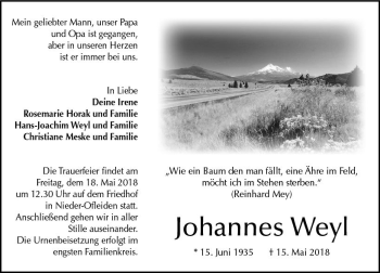 Traueranzeige von Johannes Weyl von VRM Trauer
