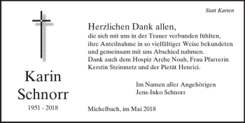 Traueranzeige von Karin Schnorr von  Usinger Anzeiger