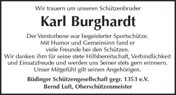 Traueranzeige von Karl Burghardt von  Kreisanzeiger