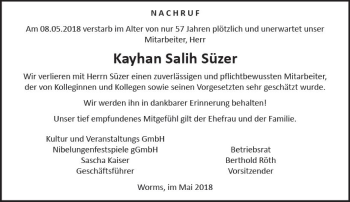 Traueranzeige von Kayhan Salih Süzer von Trauerportal Rhein Main Presse