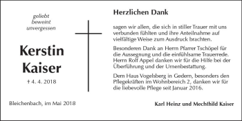 Traueranzeige von Kerstin Kaiser von  Kreisanzeiger