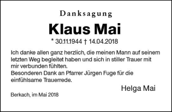 Traueranzeige von Klaus Mai von Trauerportal Rhein Main Presse
