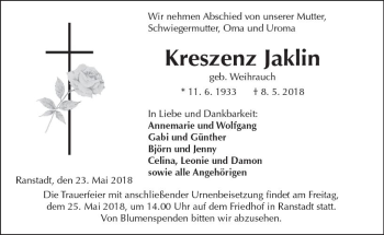 Traueranzeige von Kreszenz Jaklin von  Kreisanzeiger