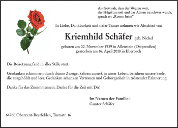 Traueranzeige von Kriemhild Schäfer von Trauerportal Rhein Main Presse