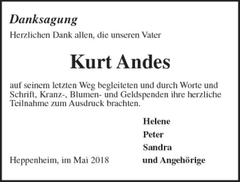 Traueranzeige von Kurt Andes von Trauerportal Rhein Main Presse