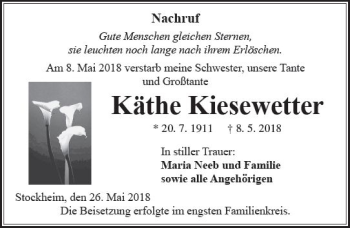 Traueranzeige von Käthe Kiesewetter von  Kreisanzeiger