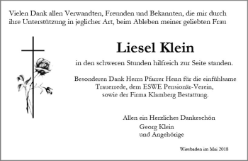 Traueranzeige von Liesel Klein von Trauerportal Rhein Main Presse