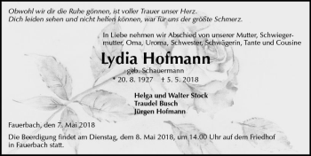 Traueranzeige von Lydia Hofmann von  Kreisanzeiger