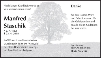 Traueranzeige von Manfred Staschik von Trauerportal Rhein Main Presse