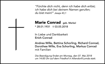 Traueranzeige von Marie Conrad von  Gießener Anzeiger