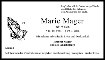 Traueranzeige von Marie Mager von VRM Trauer