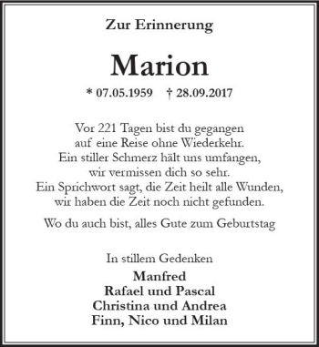 Traueranzeige von Marion Clemens-Antz von Trauerportal Rhein Main Presse