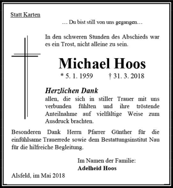 Traueranzeige von Michael Hoos von VRM Trauer