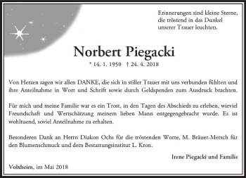 Traueranzeige von Norbert Piegacki von Trauerportal Rhein Main Presse