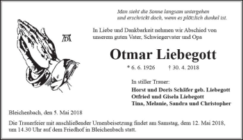 Traueranzeige von Otmar Liebegott von  Kreisanzeiger