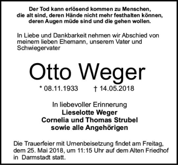 Traueranzeige von Otto Weger von Trauerportal Rhein Main Presse