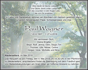Traueranzeige von Paul Wagner von  Camberger Anzeiger