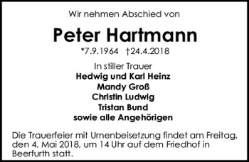 Traueranzeige von Peter Hartmann von Trauerportal Rhein Main Presse