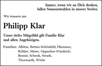 Traueranzeige von Philipp Klar von Trauerportal Rhein Main Presse