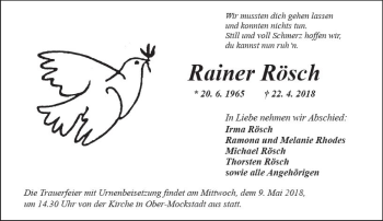 Traueranzeige von Rainer Rösch von  Kreisanzeiger