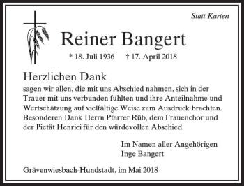 Traueranzeige von Reiner Bangert von  Usinger Anzeiger