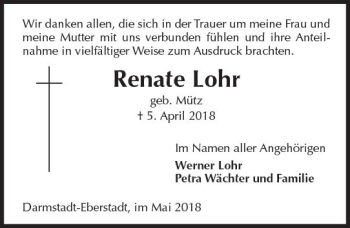 Traueranzeige von Renate Lohr von Trauerportal Rhein Main Presse