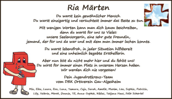 Traueranzeige von Ria Märten von Trauerportal Rhein Main Presse