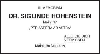 Traueranzeige von Siglinde Hohenstein von Trauerportal Rhein Main Presse