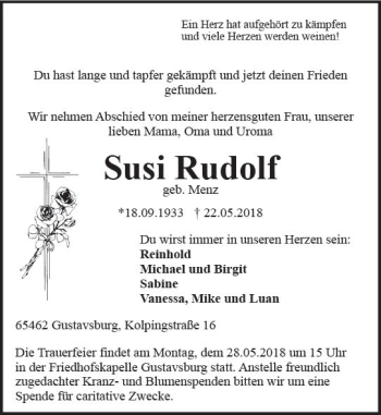 Traueranzeige von Susi Rudolf von Trauerportal Rhein Main Presse