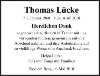Traueranzeige von Thomas Lücke von  Usinger Anzeiger