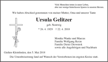 Traueranzeige von Ursula Gelitzer von  Gießener Anzeiger