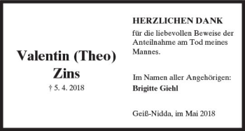 Traueranzeige von Valentin Zins von  Kreisanzeiger