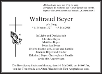 Traueranzeige von Waltraud Beyer von  Usinger Anzeiger
