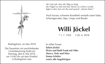 Traueranzeige von Willi Jöckel von  Kreisanzeiger