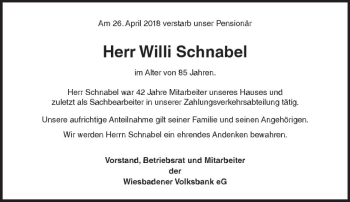 Traueranzeige von Willi Schnabel von Trauerportal Rhein Main Presse