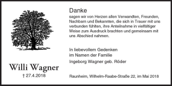 Traueranzeige von Willi Wagner von Trauerportal Rhein Main Presse