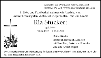 Traueranzeige von Ria Stuckert 