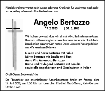 Traueranzeige von Angelo Bertazzo von Trauerportal Rhein Main Presse