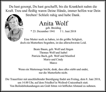 Traueranzeige von Anita Wolf von  Usinger Anzeiger