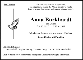 Traueranzeige von Anna Burkhardt von VRM Trauer