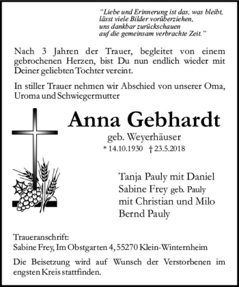 Traueranzeige von Anna Gebhardt von Trauerportal Rhein Main Presse