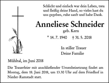 Traueranzeige von Anneliese Schneider von Trauerportal Rhein Main Presse