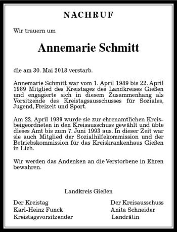 Traueranzeige von Annemarie Schmitt von  Gießener Anzeiger