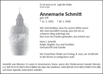 Traueranzeige von Annemarie Schmitt von  Gießener Anzeiger