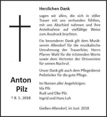 Traueranzeige von Anton Pilz von  Gießener Anzeiger