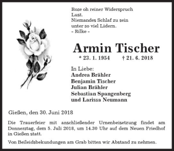 Traueranzeige von Armin Tischer von  Gießener Anzeiger