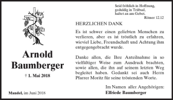 Traueranzeige von Arnold Baumberger von Trauerportal Rhein Main Presse