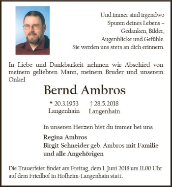 Traueranzeige von Bernd Ambros von Trauerportal Rhein Main Presse