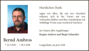 Traueranzeige von Bernd Ambros von Trauerportal Rhein Main Presse